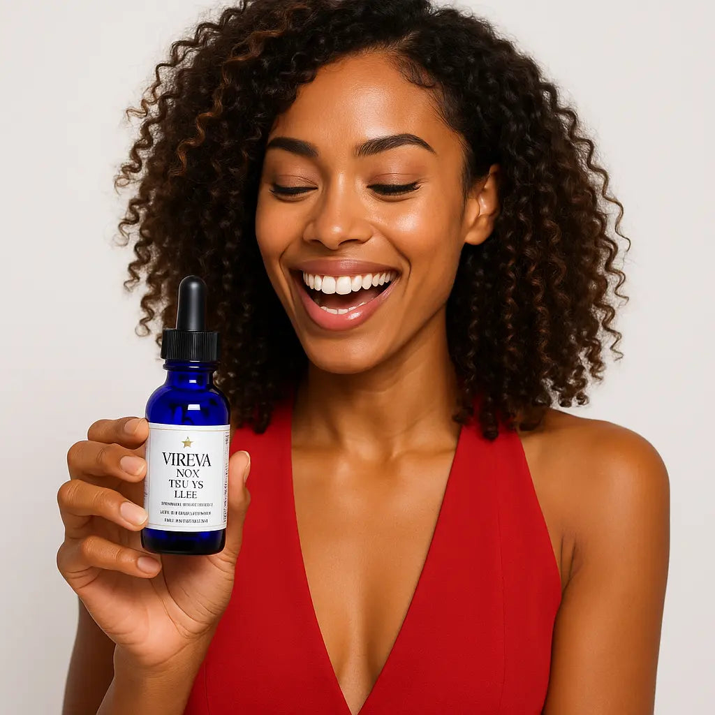 Woman using Vireva Diet Drops for energy and fat burning