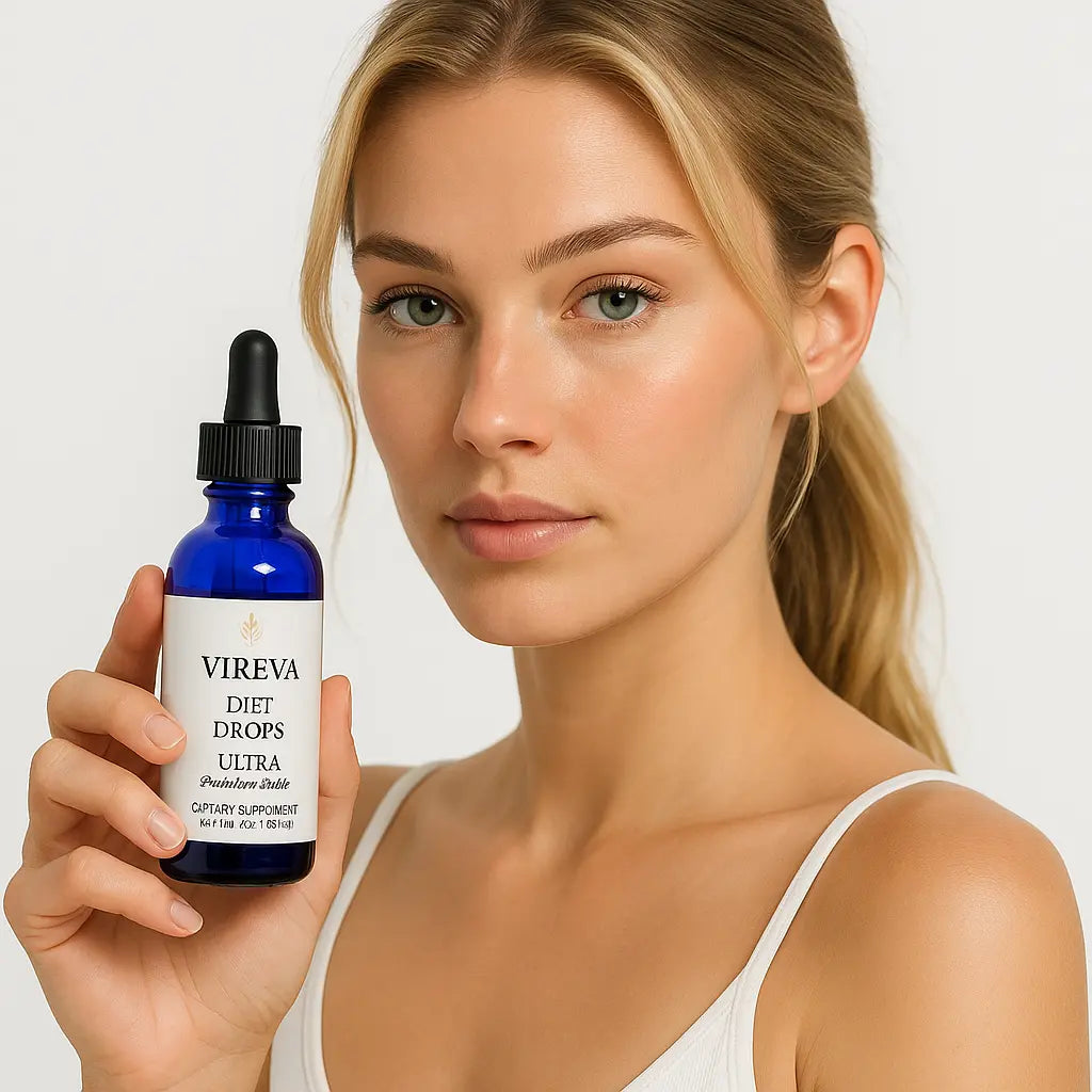 Woman using Vireva Diet Drops for energy and fat burning